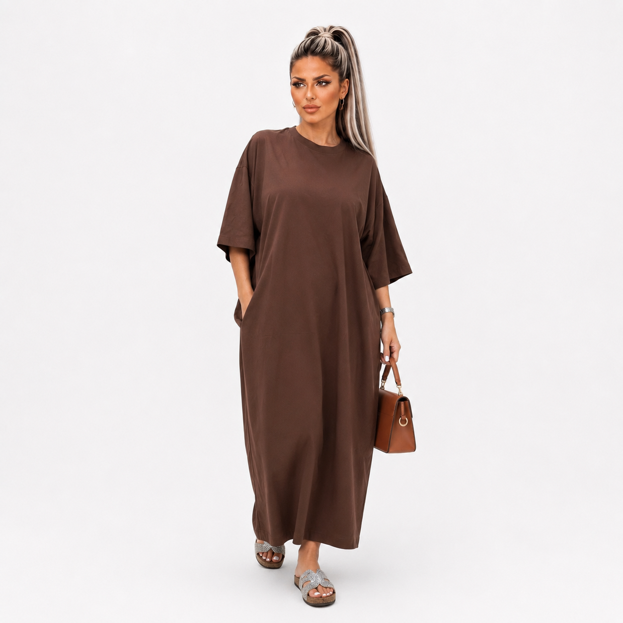 پیراهن زنانه چاک دار قهوه ای