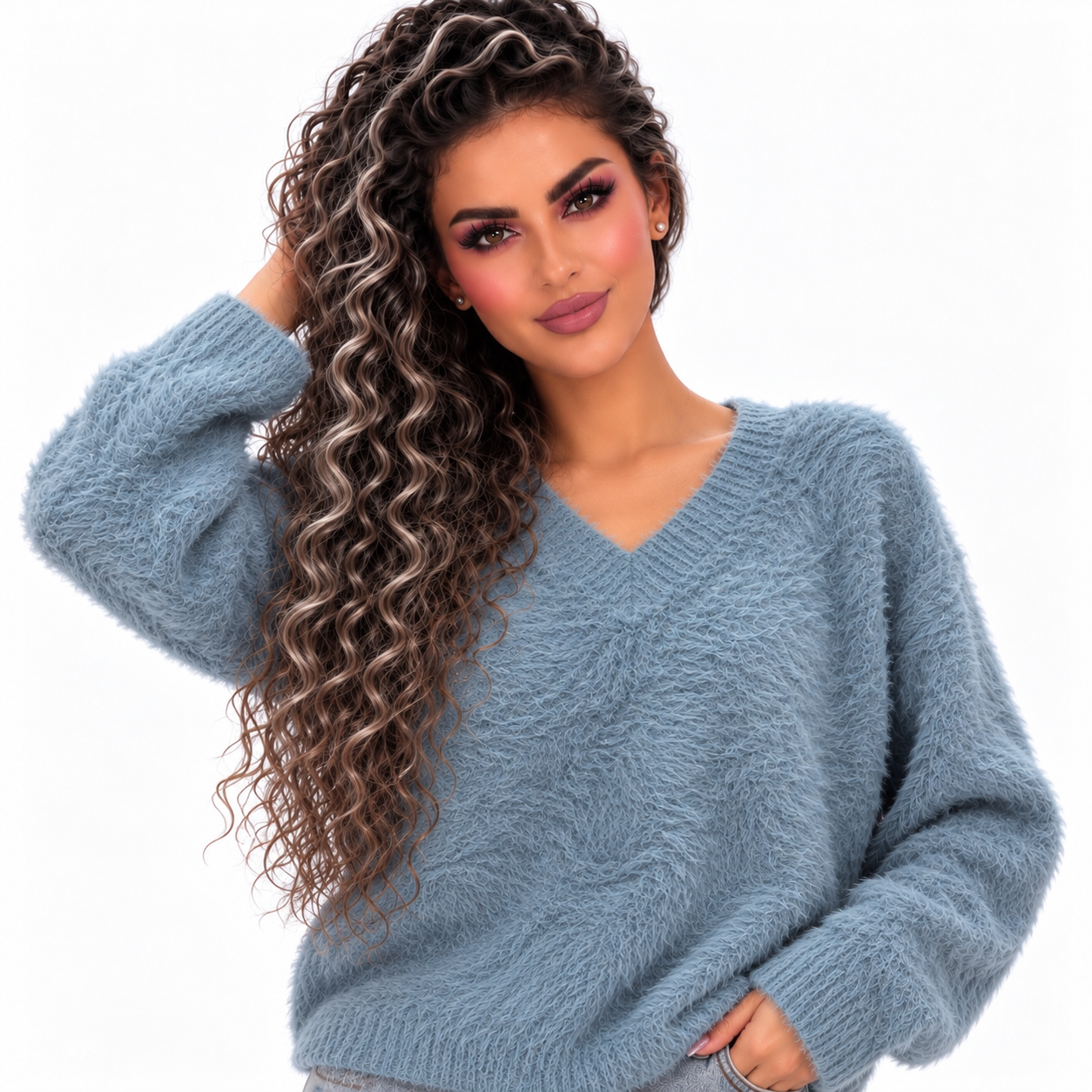 بلوز پشمی زنانه رنگ مه آلود طرح ساده